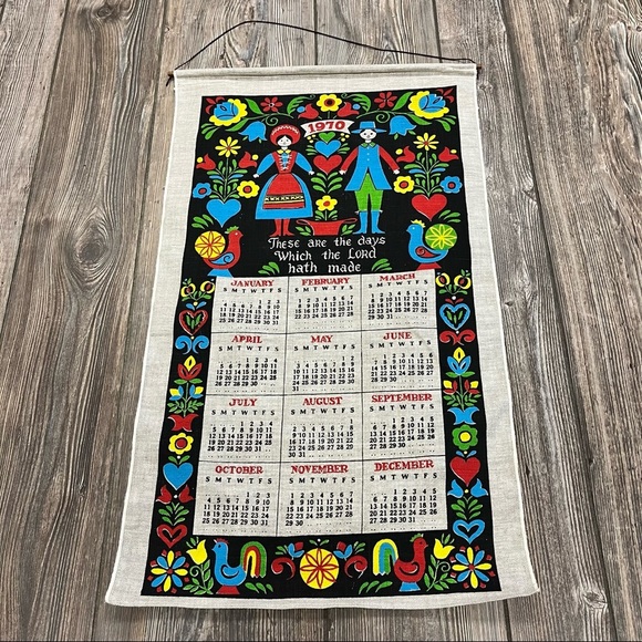 Vintage 1970 Primitive Design Linen Cloth Dish Towel Calendar